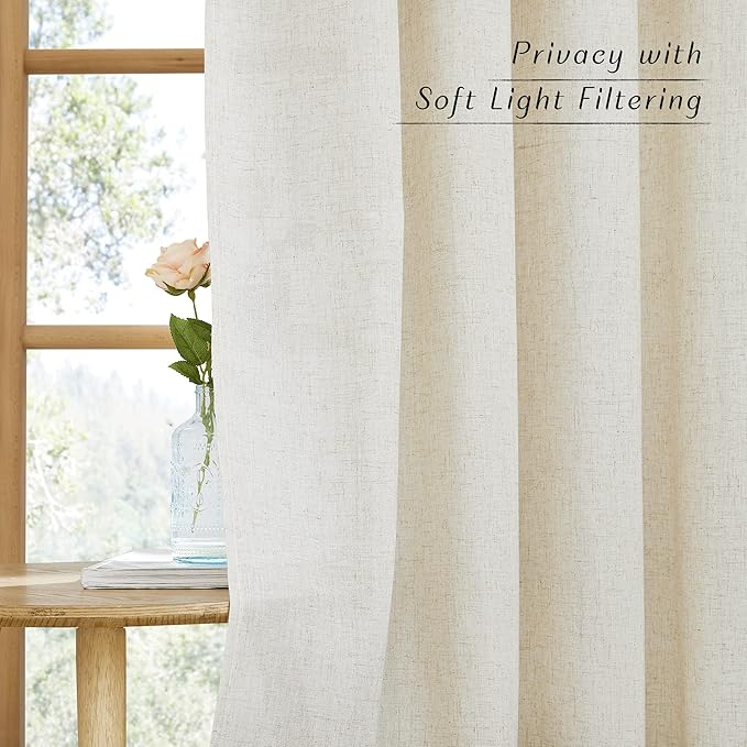 NICETOWN Boho-Chic Linen Curtains 84 inch Long 2 Panels Set, Grommet Thick Linen Blend Semi-Sheer Drapes Privacy Assured with Light Through for Bedroom/Living Room, Natural, W42 x L84
