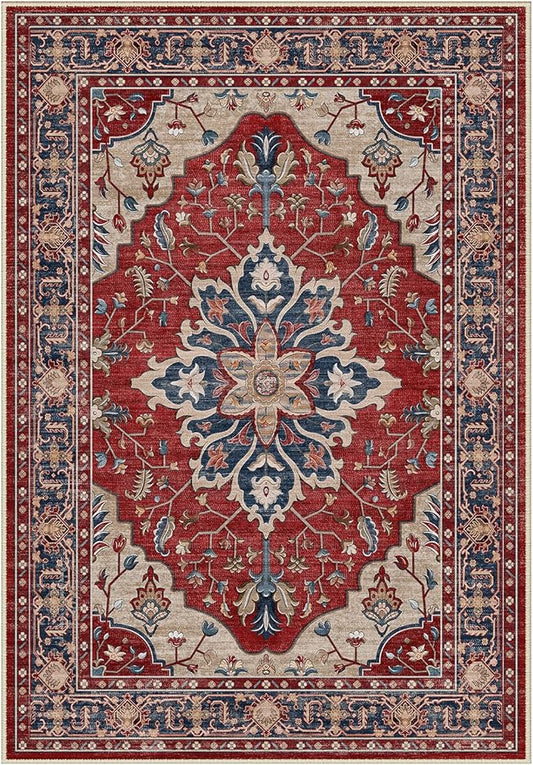RELEANY Area Rugs Round 8ft Washable Non-Slip, Floral Vintage Distress Print Pattern Medallion Carpet for Living Room Bedroom Dining Room, Red Blue
