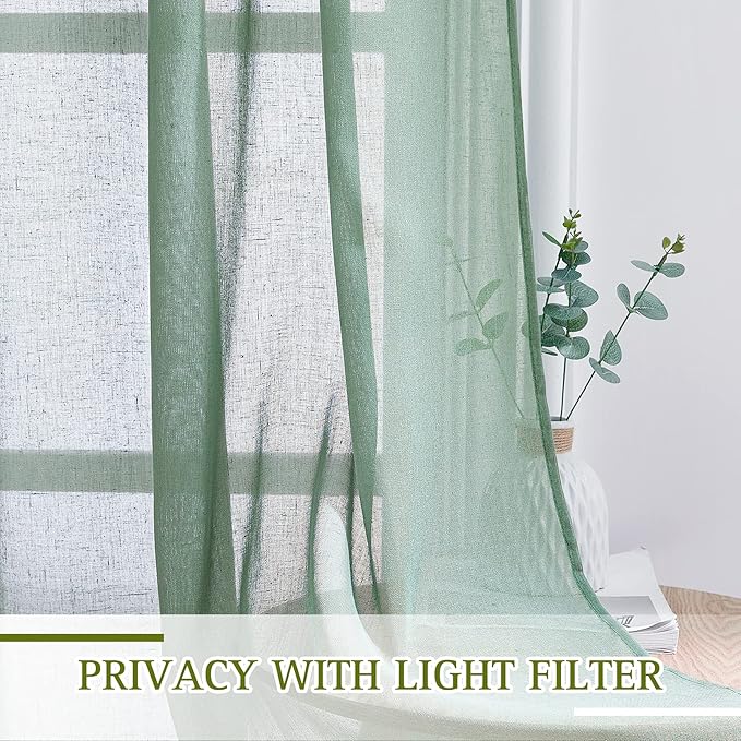 NICETOWN Olive Green Curtains Linen Sheer Texture for Living Room, Grommet Semi Sheer Linen Blend Vertical Drapes Privacy with Light Filter for Garden/Living Room, W52 x L90, 2 Panels