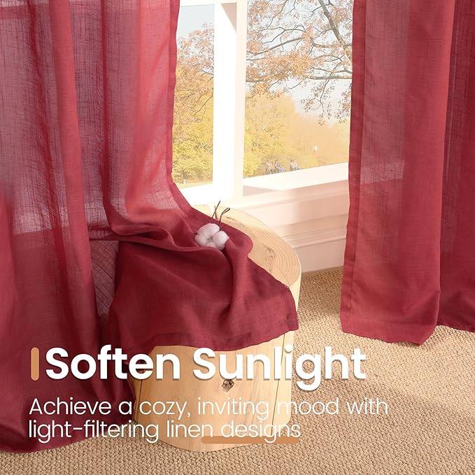 BGment Burgundy Linen Kitchen Curtains for Window Over Sink, Short Semi Sheer Drapes for Bathroom Cafe Over Sink with Rod Pocket Lightweight, 2 Panels Set, Each 30 Inch Wide