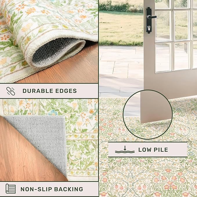 Washable Light Green Rug for Bedroom - 9x12 Large Area Rug for Dining Room Under Table, Living Room, Soft Low Pile Carpet for Playroom - Vintage Floral Non-Slip Stain Resistance (9x12 Beige Green)