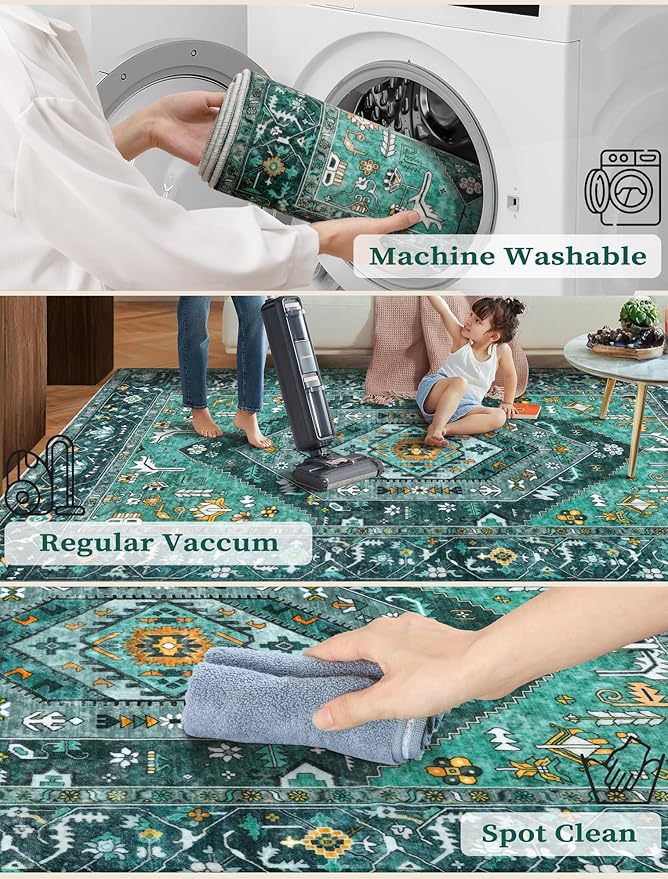 SERISSA Runner Rug for Hallways, 2'6"x12' Washable Non Slip Kitchen Runner Rug, Extra Long Boho Rug Ultra Soft Vintage Teal Print Floor Carpet for Bedroom Hallway Entryway Bathroom Laundry Room