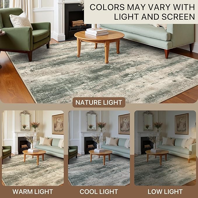 BEIMO Area Rugs 5x8 for Living Room Bedroom, Modern Abstract Machine Washable Rug, Large Soft Low Pile Floor Carpet with Non Slip Backing for Dining Room, Grey/Dark Green