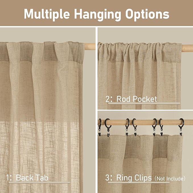 LAMIT Brown Linen Curtains 45 Inches Long 2 Panels, Light Filtering Panels Back Tab and Rod Pocket Neutral Drapes for Kitchen/Window/Bedroom, 52 x 45 Inch