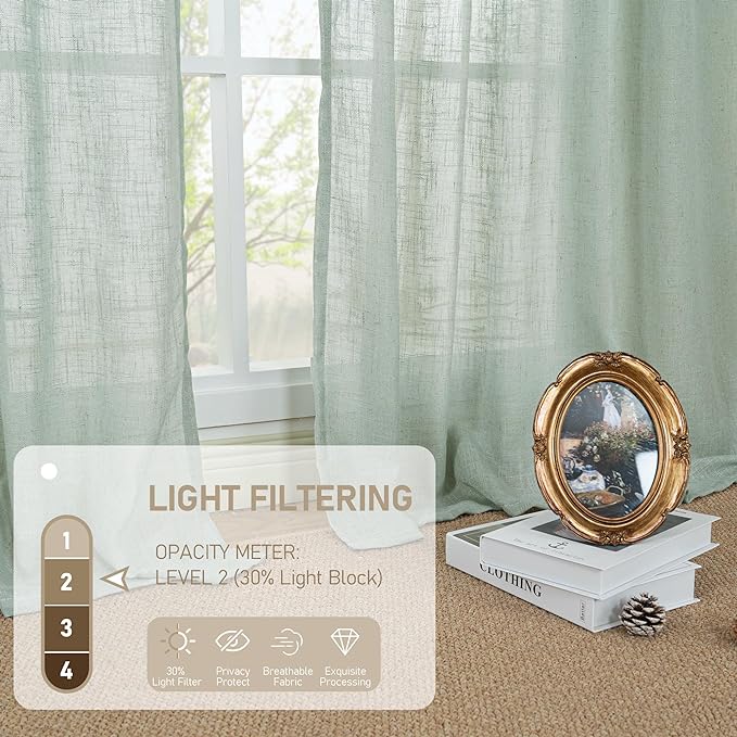 LAMIT Living Room Linen Curtains - 90 Inch, Back Tab & Rod Pocket, Light Filtering, Burlap Textured Sheer Curtains for Farmhouse, 2 Panels, 52 x 90 Inch, Light Sage