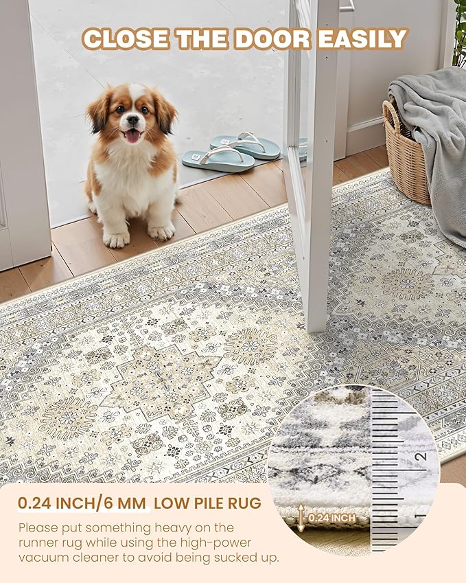 Washable Runner Rug 2.5x14, Non-Slip Long Kitchen Mats for Floor, Vintage Rug for Entryway, Soft Hallway Runner for Dining Room, Bedroom, Living Room(Beige,2.5'x14')