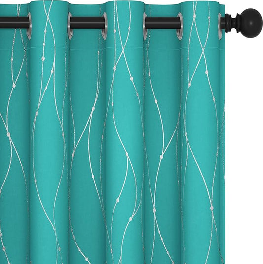 Deconovo Blackout Curtains, Thermal Insulated Soundproof Grommet Drapes, Wave Dots Silver Print, 52 x 72 Inch, Set of 2, Machine Washable Panels for Kitchen Bedroom Living Room Nursery, Turquoise