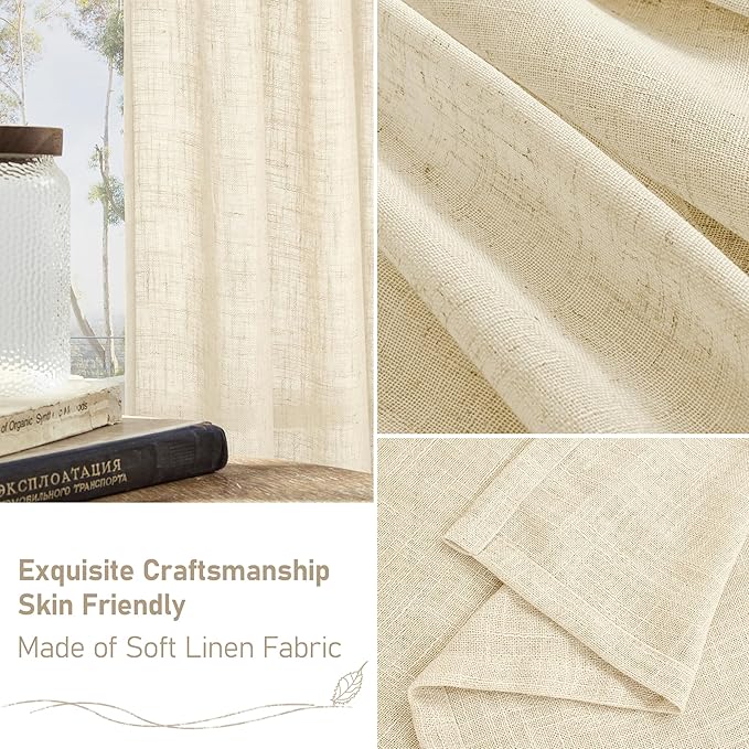 LAMIT 102 inches Long Sheer Linen Curtains, Linen Textured Light Filtering Semi Sheer Back Tab and Rod Pocket Natural Boho Drapes for Living Room/Farmhouse, 2 Panels, Beige, 52 x 102 Inch