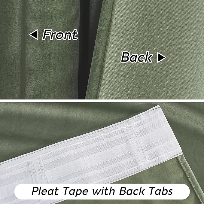 RYB HOME Sage Green Velvet Curtains with Hook Tape, Thermal Insulated Privacy Protect Decorative Drapes for Bedroom Dining Room, W 62 x L 96 inches, 2 Panels Set