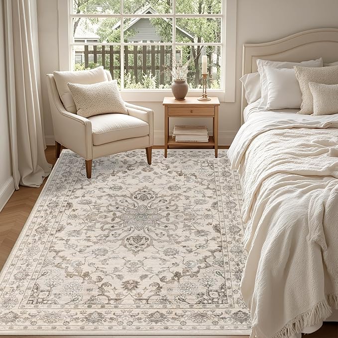 6x9 Area Rugs Living Room Rug: Washable Vintage Distressed Floral Rug No Slip Stain Resistant Soft Carpet Indoor Floor Large Carpets for Bedroom Dining Room Farmhouse Nursery Home Office Brown Beige