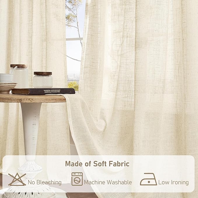 LAMIT Natural Linen Curtains 108 Inch for Living Room, Back Tab and Rod Pocket Linen Textured Sheer Curtains Light Filtering Drapes for Farmhouse/Bedroom, 2 Panels, 52 x 108 Inch, Beige
