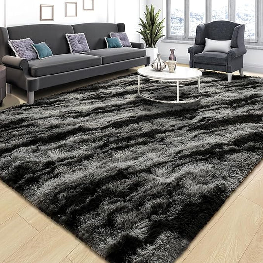 Tepook Soft Fluffy Rugs for Living Room, 5x8 Shaggy Area Rug for Bedroom, Modern Shag Rug Fuzzy Carpets for Kids, Plush Indoor Nursery Home Decor Rug with Non-Slip Bottom, Black Grey