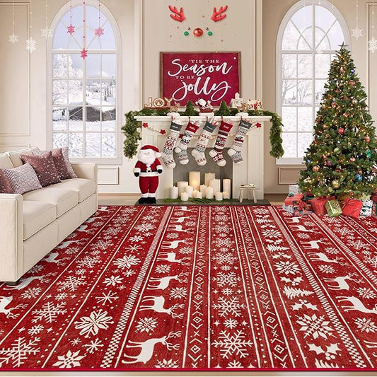 Christmas Rug 8x10 Washable Rugs, Boho Christmas Tree Snowflake Rug Non-Slip Soft Low Pile Non Shedding Indoor Holiday Carpet for Living Room Bedroom Dining Room Home Office (XmasRed, 8'x10')