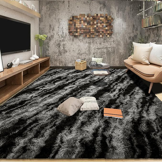 Tepook Area Rugs 9x12 for Living Room, Super Soft Fluffy Rugs for Bedroom, Modern Shaggy Rug Fuzzy Carpets for Kids, Plush Indoor Nursery Home Decor Rug with Non-Slip Bottom, Black Grey