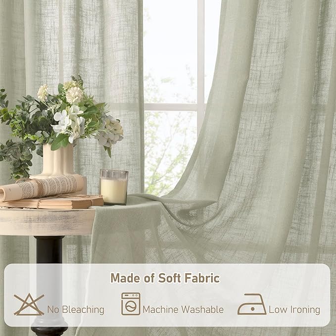 LAMIT 40 Inch Length Linen Curtains for Small Windows, Semi Sheer Light Filtering Panels Back Tab and Rod Pocket Neutral Drapes for Basement/Window/Loft Room, Sage Grey, 2 Panels, 34 x 40 Inch