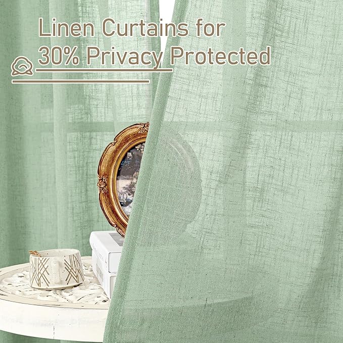 LAMIT Fresh Green 72 inch Linen Curtains for Living Room 2 Panels, Linen Textured Light Filtering Semi Sheer Back Tab and Rod Pocket Farmhouse Curtain Panels for Bedroom/Farmhouse, 52 x 72 Inch