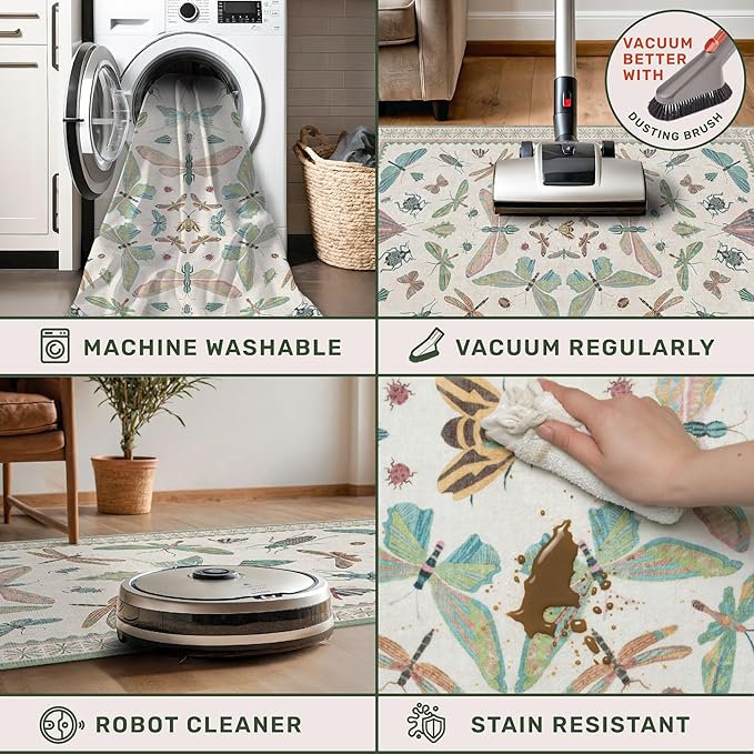 7x9 Green Butterfly Rugs for Kids Bedroom - Washable Insect Area Rug for Living Room, Dining Room Under Table, Boho Girls Room Décor, Low Pile Stain Resistant Carpet