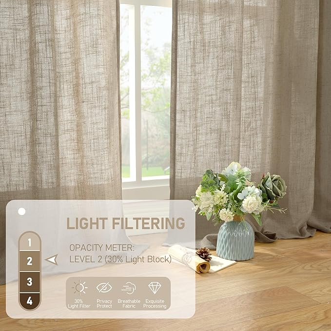 LAMIT Taupe 78 inch Linen Curtains for Living Room 2 Panels, Linen Textured Light Filtering Semi Sheer Back Tab and Rod Pocket Curtain Panels for Bedroom/Farmhouse, 52 x 78 Inch