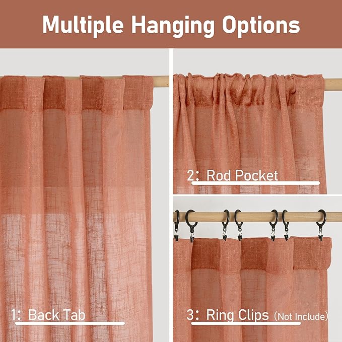 LAMIT Terracotta Linen Boho Curtains 80 inch Length, Light Filtering Semi Sheer Panels Back Tab and Rod Pocket Neutral Panels for Bedroom/Living Room, 52 x 80 Inch