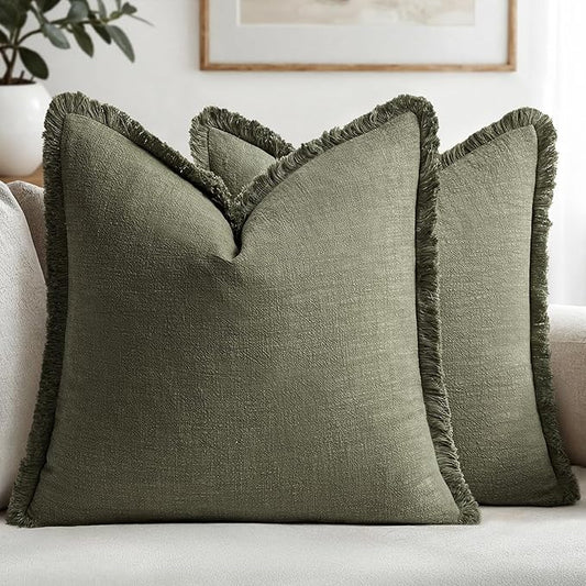 MIULEE Decorative Throw Pillow Covers Neutral Linen Fringe Throw Pillows Set of 2 Olive Green Boho Farmhouse Cushion Covers with Tassels for Couch Sofa Bed Living Room Spring Home Decor 16x16 Inch