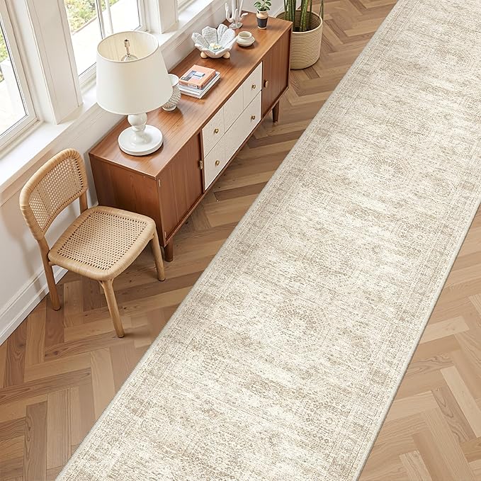 Washable Runner Rug 2.5x14, Non-Slip Long Hallway Runner for Entryway, Soft Vintage Kitchen Mats for Floor, Abstract Dining Room, Bedroom, Living Room Rugs(2.5'x14', Beige/Ivory)