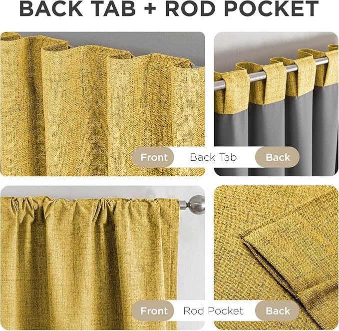 Joydeco Blackout Curtains for Bedroom - 100% Light Blocking 2 Panels Set Yellow Drapes 42"W x 108"L, Thermal Insulated Room Darkening Curtains, Linen Textured for Living Room, Rod Pocket & Back Tabs