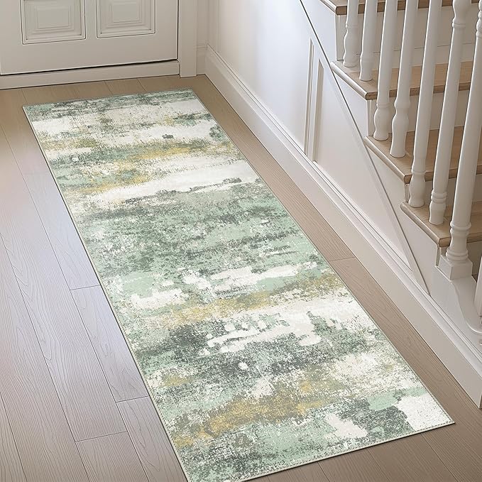 BEIMO Runner Rug for Hallway Kitchen, 2'6"x5' Machine Washable Runners Rug for Entryway, Soft Modern Abstract Throw Rugs, Low Pile Floor Cover with Non Slip Backing, Light Green