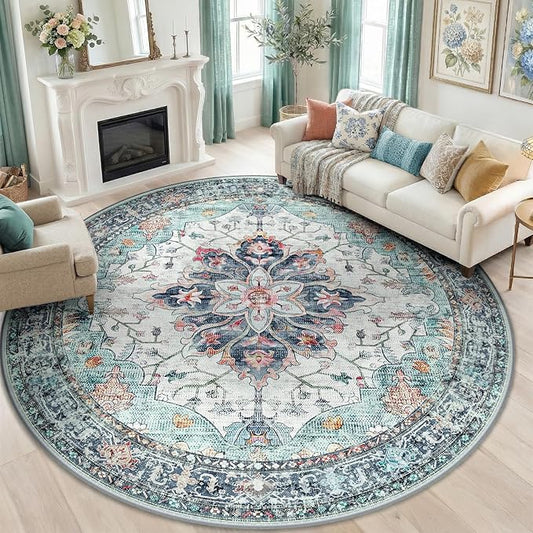 Area Rugs 8ft Washable Non-Slip, Floral Vintage Distress Print Pattern Medallion Carpet for Living Room Bedroom Dining Room, Green Navy Blue White Red Teal Colorful