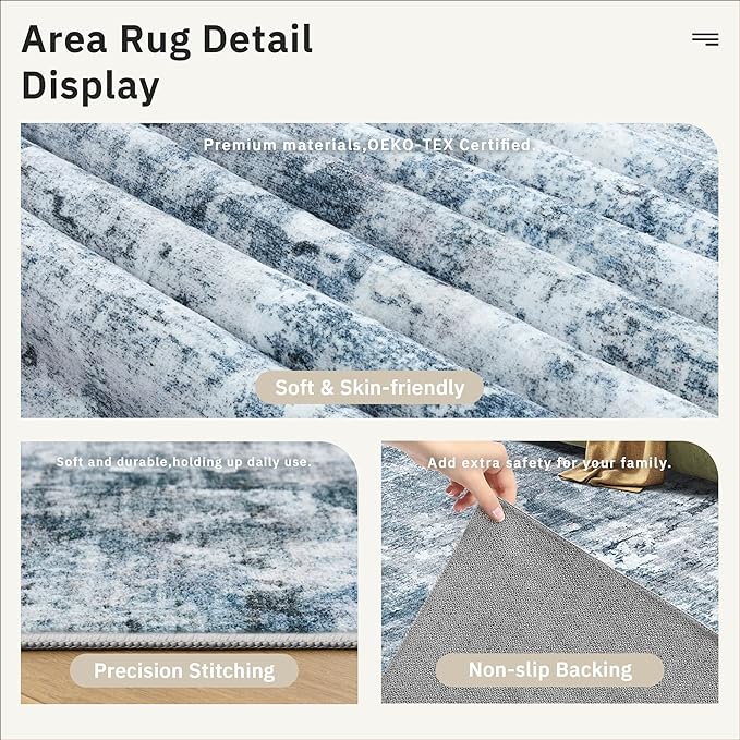 5x8 Area Rugs Blue/Grey Low Pile Indoor Washable Trendy Faded Style Rugs for Bedroom Living Room Dining Room Foldable Non-Slip Thin Print Home Office Mat
