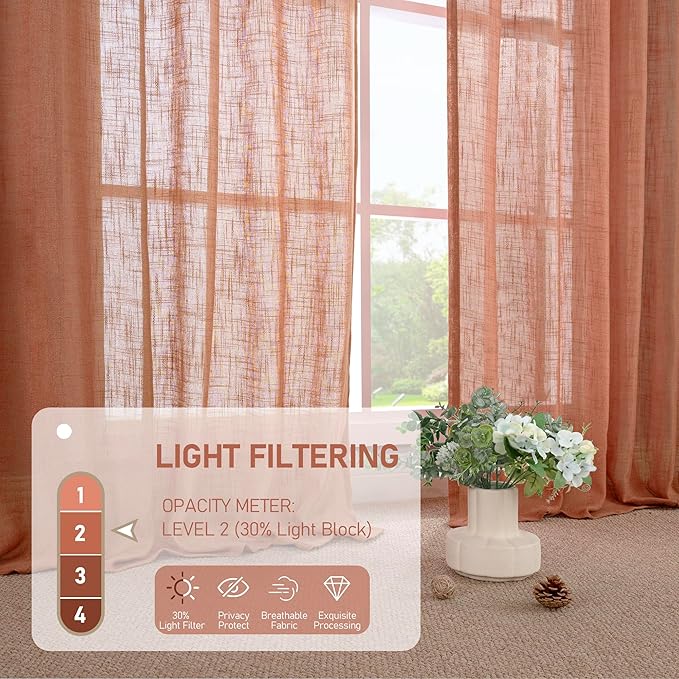 LAMIT Light Filtering Linen Curtains 72 inches Long for Bedroom, Linen Textured Semi Sheer Back Tab and Rod Pocket Boho Drapes for Window/Living Room, Terracotta, 2 Panels, 34 x 72 Inch