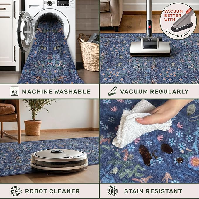 Dark Blue 2x8 Kitchen Runner Rugs - 8ft Long Machine Washable Hallway Runner Non Slip, Floral Pattern Indoor Floor Mats for Entryway, Oriental Floral Design Home Décor