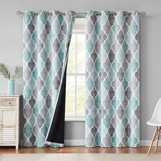 Beauoop 100% Blackout Curtains 84 Inches Long 2 Panels for Bedroom Living Room Aqua Grey Moroccan Geo Room Darkening Thermal Insulated Soundproof Grommet Top Window Treatments Drapes, 50x84 Set of 2
