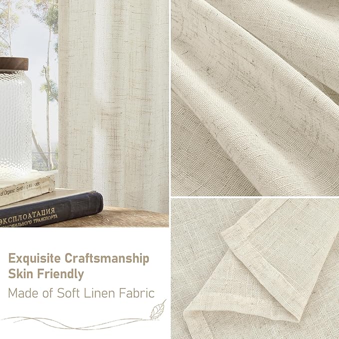 LAMIT Short Linen Curtains 45 Inches Long for Cafe 2 Panels, Cream Ivory Light Filtering Semi Sheer Panels Back Tab and Rod Pocket Neutral Drapes for Window/Loft Room, 52 x 45 Inch