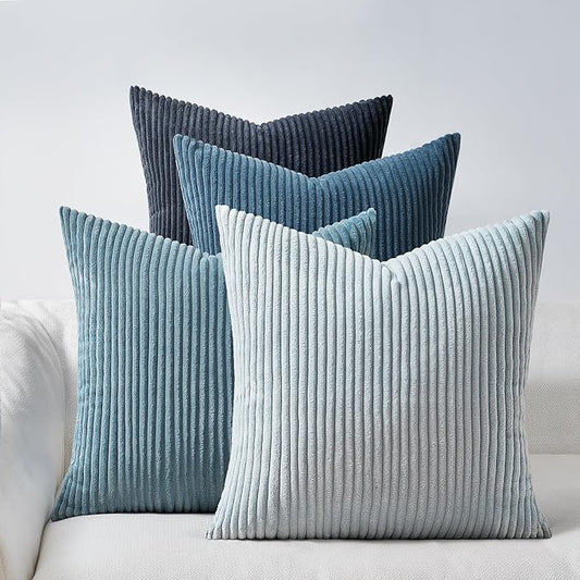 Topfinel BlueGray Decorative Throw Pillow Covers 16x16 Inch Set of 4,Soft Accent Corduroy Striped Gradient Color Small Cushion Cover for Beach,Patio,Balcony,Couch Living Room,Summer Home Decor