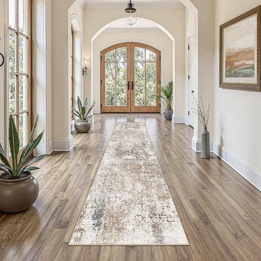 UERMEI 2X10 Washable Runner Rug for Hallway: Soft Neutral Modern Abstract Area Rug - Non-Slip Low Pile Long Throw Indoor Carpet for Kitchen Entryway Kitchen Bedroom Laundry Bathroom - Brown/Grey/Red