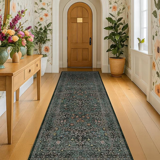 Vintage 3x8 Wide Runners for Hallways, Long 8ft Floor Runner for Kitchen, Entryway Indoor, Washable Non Skid Rubber Backing Stain Resistant - Dark Green Floral Décor