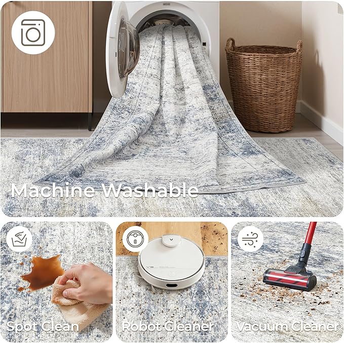 Kitchen Runner Rugs Non Skid Washable - 2.5 x 10 Runner Rug with Anti Slip Backing, Ultra-Thin Soft Rug Runner for Hallway, Bedroom, Living Room (2.5'x10', Blue/Brown/Ivory)