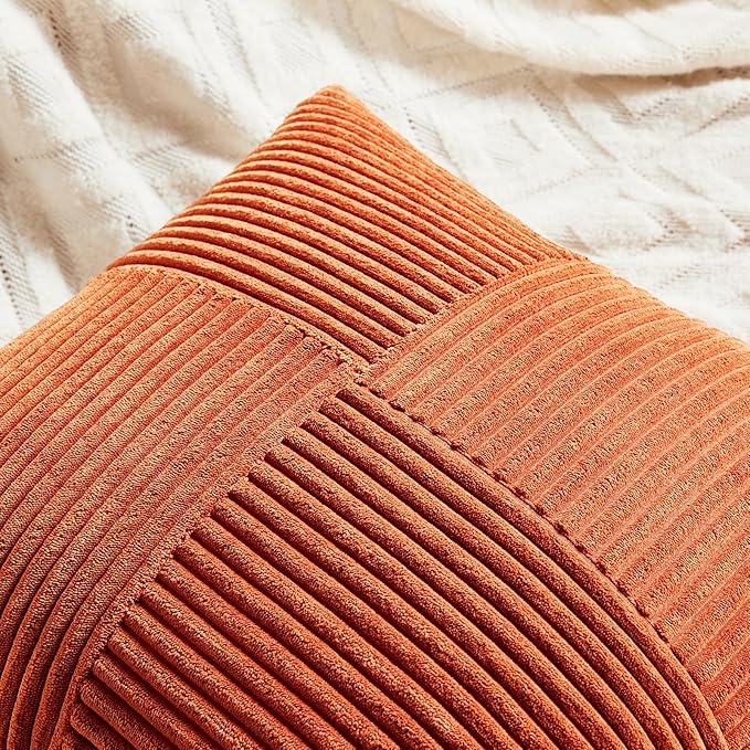 Fancy Homi Set of 2 Burnt Orange Lumbar Decorative Throw Pillow Covers 20x28 Inch for Living Room Couch Bed, Boho Farmhouse Fall Home Decor, Soft Corduroy Corss Patchwork Cushion Case 50x70 cm