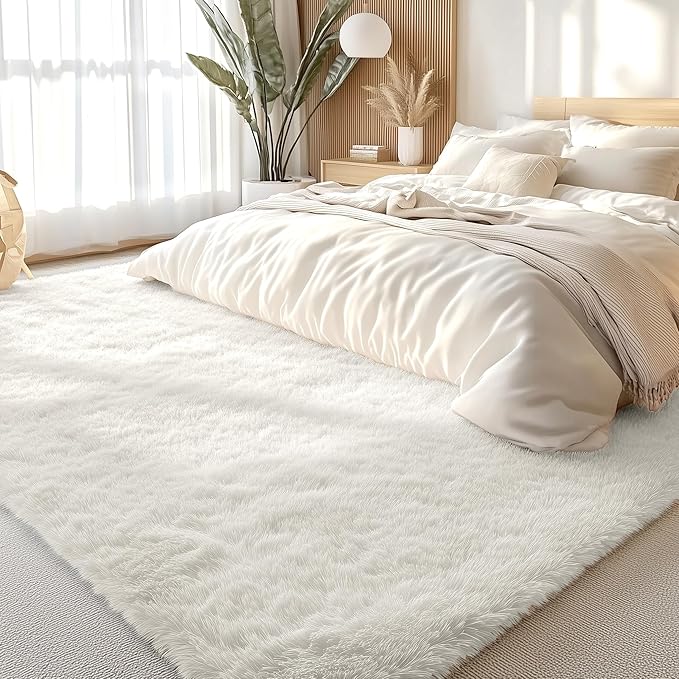 OLANLY 9x10 Machine Washable Large Area Rugs for Living Room, Bedroom, Soft Fluffy Shaggy Bedside Rug, Indoor Floor Carpet for Kids Girls and Boys, Dorms, Nursery, Home Decor Aesthetic, Ivory