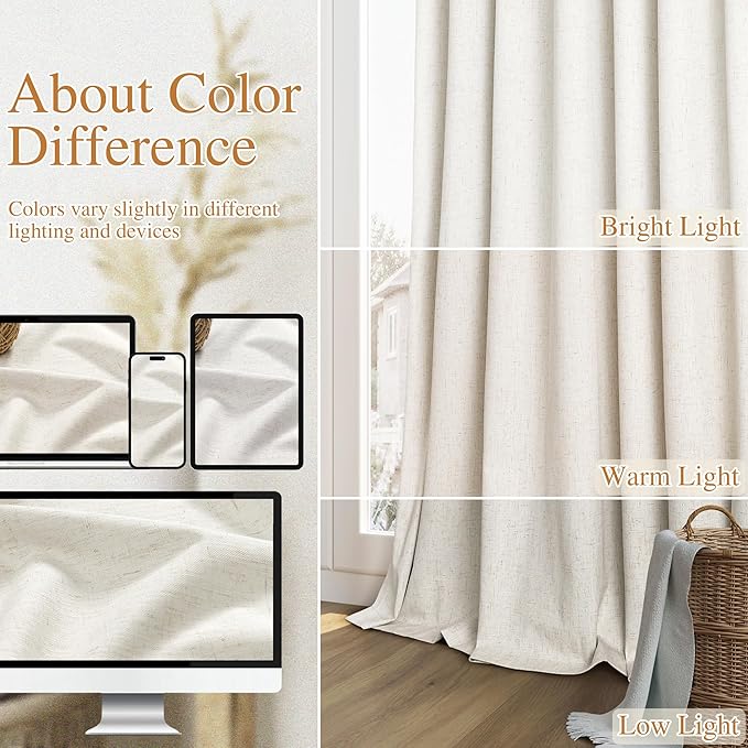 Guken Cream 100% Blackout Cream Linen Curtains 52 Inch Wide by 128 Inch 2 Panels Set for Living Room Bedroom Back Tab Thermal Insulated Black Out Drapes Room Darkening Window Curtains