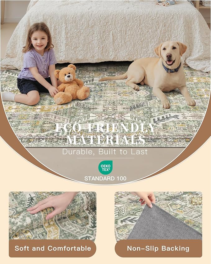Madane Hallway Runner Rug 2x12, Extra Long Washable Runner Rugs with Rubber Backing, Non Slip Carpet Runner, Vintage Rug Runners for Kitchen Laundry Room Entryway (Green/Gold, 2'x12')