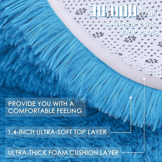 OLANLY 2x6 Machine Washable Runner Rugs for Hallway, Soft Fluffy Shaggy Bedside Rugs for Bedroom, Living Room, Indoor Floor Carpet for Kids Girls and Boys, Home Decor Aesthetic, Bright Blue