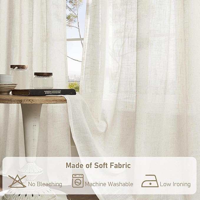 LAMIT Short Linen Curtains 36 Inch Length for Half Window, Cream Ivory Semi Sheer Light Filtering Panels Back Tab and Rod Pocket Drapes for Basement/Kitchen, 2 Panels, 25 x 36 Inch
