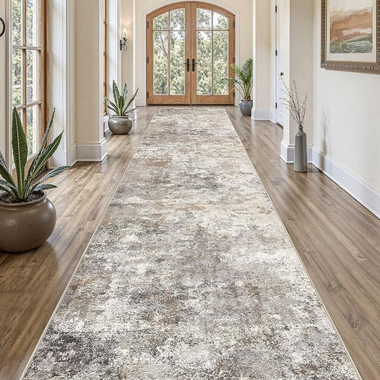 UERMEI 3X18 Washable Runner Rug for Hallway: Soft Neutral Modern Abstract Area Rug - Non-Slip Low Pile Long Throw Indoor Carpet for Kitchen Entryway Kitchen Bedroom Laundry - Brown Grey