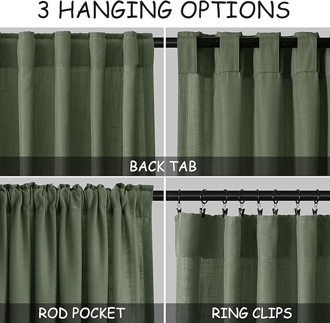 Nanspring Olive Green Linen Sheer Curtains 90 Inch Length 2 Panel Set Back Tab Rod Pocket Semi Sheer Light Filtering Breathability Elegance Modern Design for Bathroom Living Room 60x90