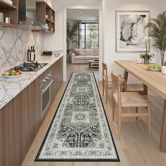 Madane Washable Runner Rug 2x8, Runners for Hallways Non-Slip Kitchen Runner Rugs Ultra-Thin Laundry Room Carpet Runner for Entrance Living Dinning Room Foyer, Grey Green/Black Olive