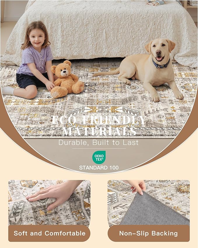 Madane 3x20 Hallway Runner Rug - Extra Long Carpet Runners for Hallways 20ft Non Slip Stain Resistant Rugs Runner for Living Room Bedroom 20 Feet Distressed Floor Carpet for Kitchen, Brown/Gold