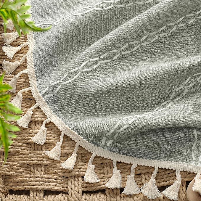 Boho Blackout Curtains 90 Inches Long Sage Green Linen Blend 2 Panels with Tassels and Cotton Embroidery, Farmhouse Vintage Rustic Rod Pocket Drapes for Living Room or Bedroom