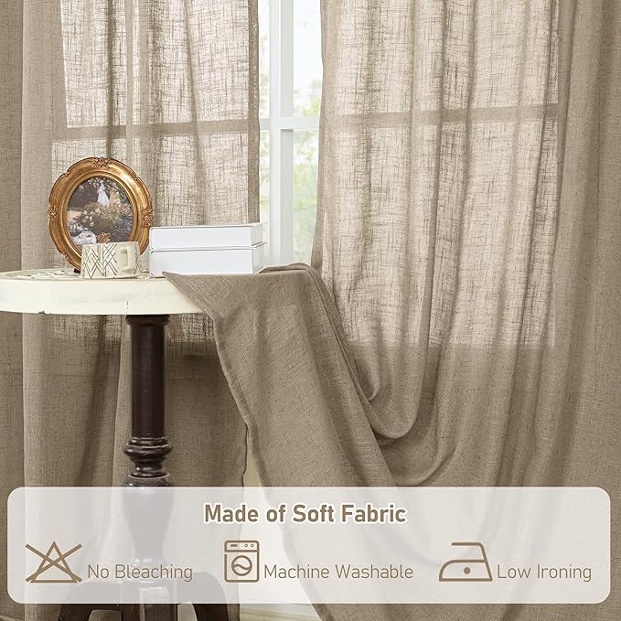 LAMIT Taupe Sheer Linen Curtains, 80 inch Light Filtering Semi Sheer Panels Back Tab and Rod Pocket Farmhouse Rust Drapes for Bedroom/Living Room, 2 Panels, 52 x 80 Inch