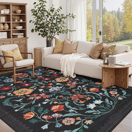 GarveeHome Washable Rug 8x10 Area Rugs for Living Room, Floral Rug for Bedroom, Soft Vintage Non Slip Throw Rugs with Rubber Back, Low Pile Stain Resistant Boho Floral Carpet for Dining Room, Black